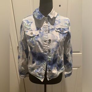 Nanette Lepore Womens Stretch Denim Jean Jacket Floral Print Blue/White Size S